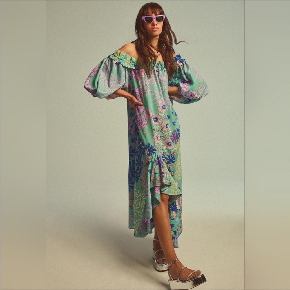 Oopscool NEW Anthropologie Floral Off-Shoulder Dress in Green and Blue size XS - Picture 3 of 11
